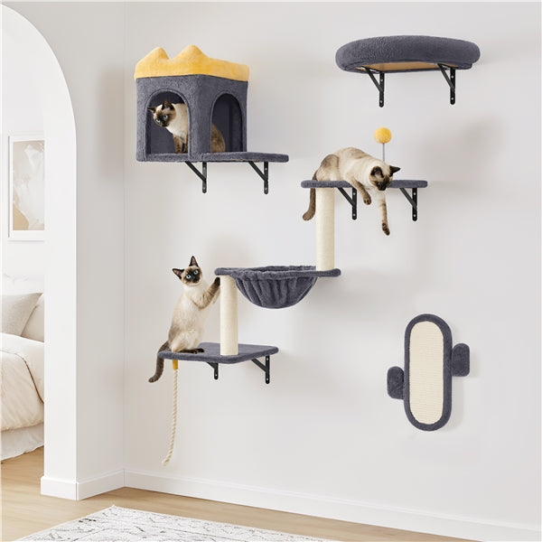 Yaheetech Wall-Mounted Cat Furniture — Cat Condo, Shelves, Basket & Scratching Post Set