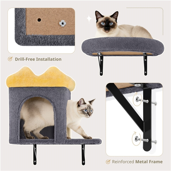 Yaheetech Wall-Mounted Cat Furniture — Cat Condo, Shelves, Basket & Scratching Post Set