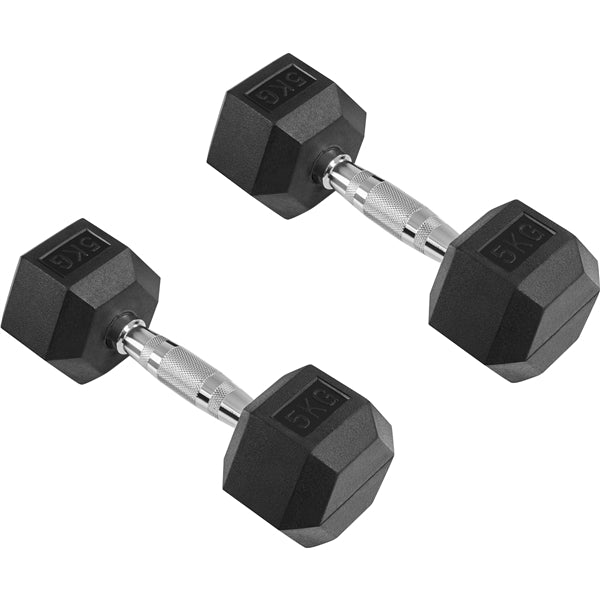 Hex Dumbbell Set 2 × 5 kg – Rubber-Coated Cast Iron Dumbbells with Chrome Handle