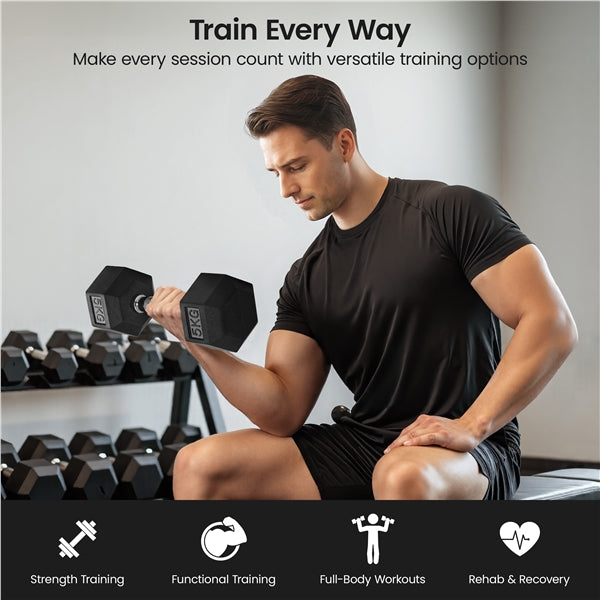 Hex Dumbbell Set 2 × 5 kg – Rubber-Coated Cast Iron Dumbbells with Chrome Handle