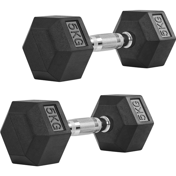 Hex Dumbbell Set 2 × 5 kg – Rubber-Coated Cast Iron Dumbbells with Chrome Handle