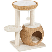 Yaheetech Compact Rattan Cat Condo — Cat Tree with Condo, Top Basket & Scratching Post