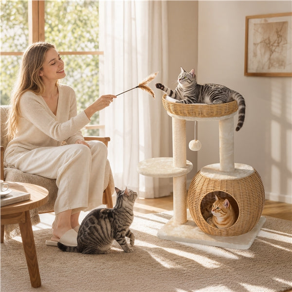 Yaheetech Compact Rattan Cat Condo — Cat Tree with Condo, Top Basket & Scratching Post