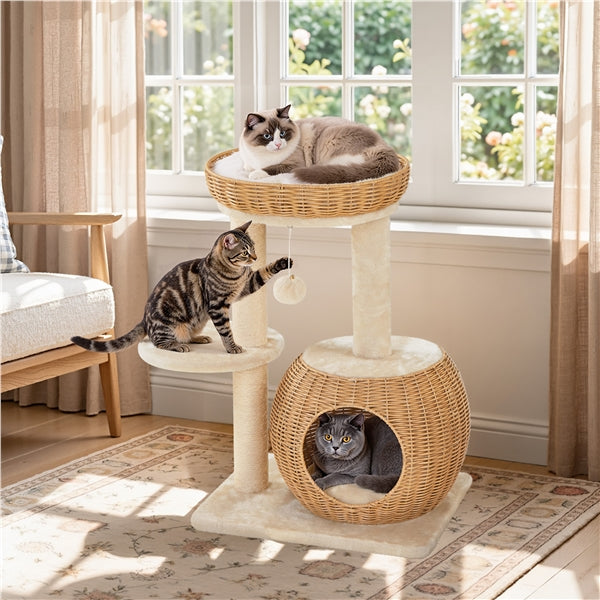 Yaheetech Compact Rattan Cat Condo — Cat Tree with Condo, Top Basket & Scratching Post