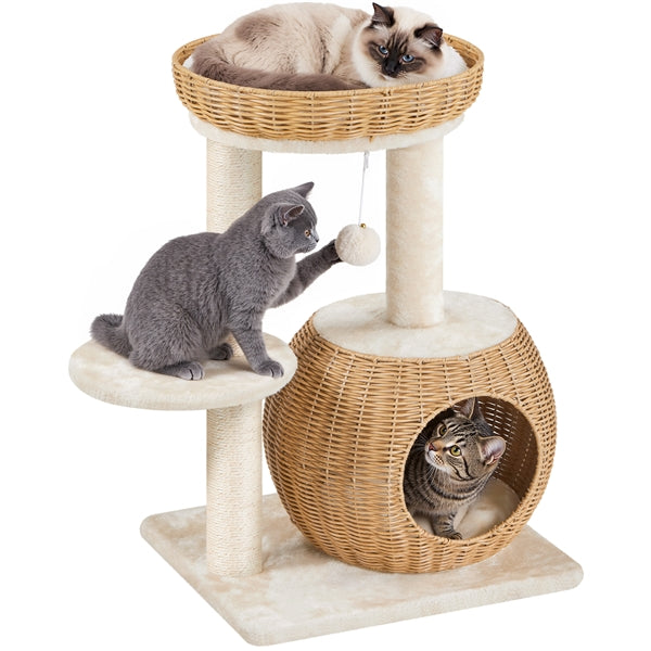 Yaheetech Compact Rattan Cat Condo — Cat Tree with Condo, Top Basket & Scratching Post