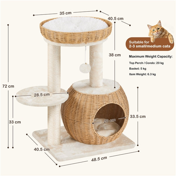 Yaheetech Compact Rattan Cat Condo — Cat Tree with Condo, Top Basket & Scratching Post