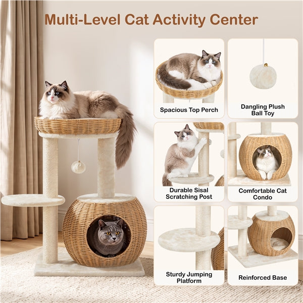 Yaheetech Compact Rattan Cat Condo — Cat Tree with Condo, Top Basket & Scratching Post