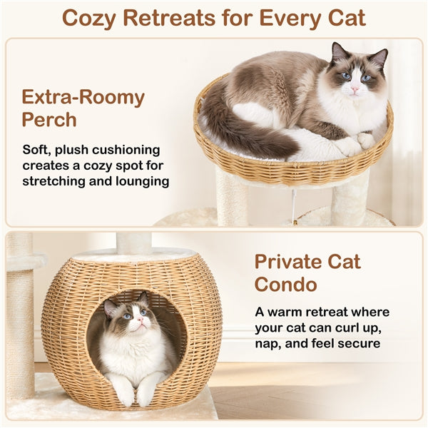 Yaheetech Compact Rattan Cat Condo — Cat Tree with Condo, Top Basket & Scratching Post