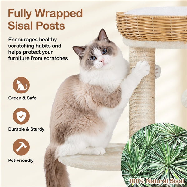 Yaheetech Compact Rattan Cat Condo — Cat Tree with Condo, Top Basket & Scratching Post