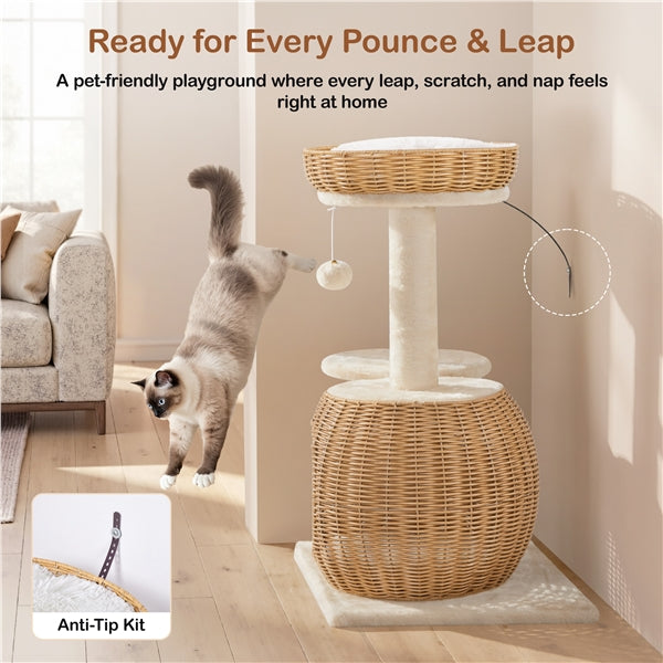 Yaheetech Compact Rattan Cat Condo — Cat Tree with Condo, Top Basket & Scratching Post