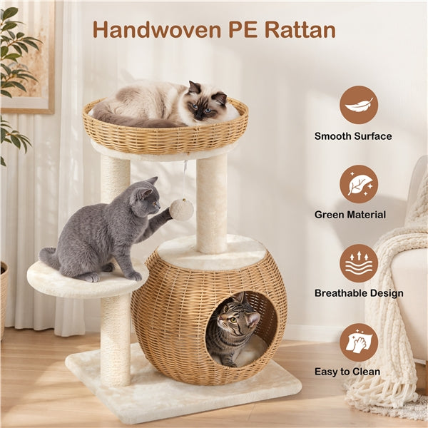 Yaheetech Compact Rattan Cat Condo — Cat Tree with Condo, Top Basket & Scratching Post