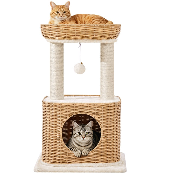 Yaheetech Rattan Cat Tree — Two-Tier Cat Tower with Woven Basket Perch, Condo & Dangling Ball Toy