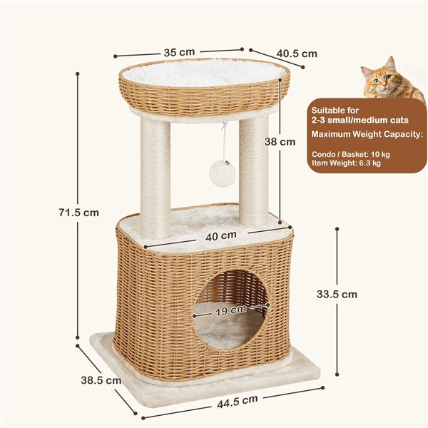 Yaheetech Rattan Cat Tree — Two-Tier Cat Tower with Woven Basket Perch, Condo & Dangling Ball Toy