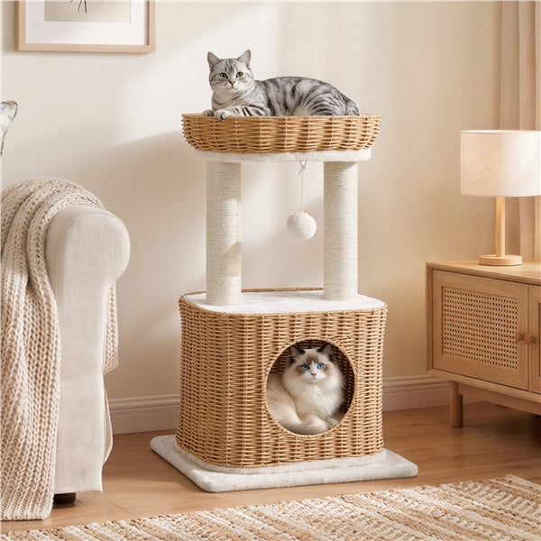 Yaheetech Rattan Cat Tree — Two-Tier Cat Tower with Woven Basket Perch, Condo & Dangling Ball Toy
