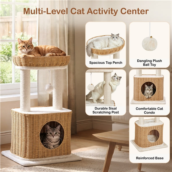 Yaheetech Rattan Cat Tree — Two-Tier Cat Tower with Woven Basket Perch, Condo & Dangling Ball Toy