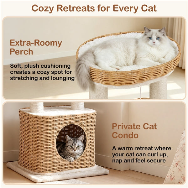 Yaheetech Rattan Cat Tree — Two-Tier Cat Tower with Woven Basket Perch, Condo & Dangling Ball Toy