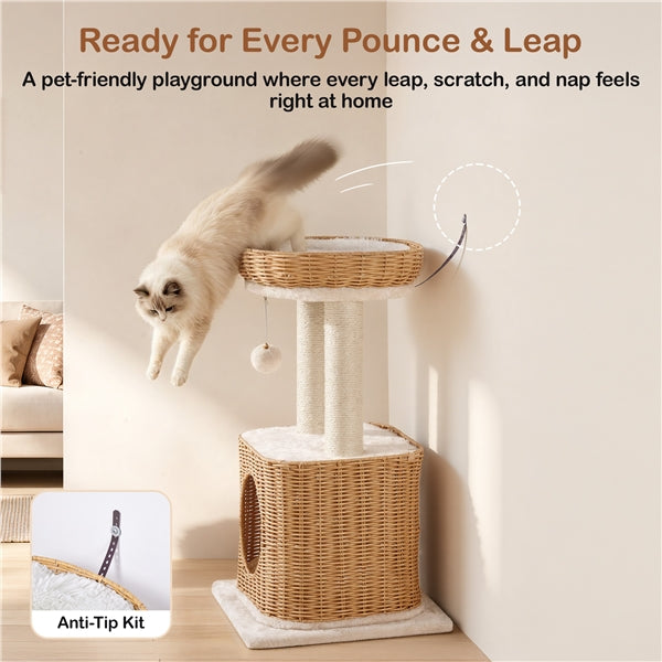 Yaheetech Rattan Cat Tree — Two-Tier Cat Tower with Woven Basket Perch, Condo & Dangling Ball Toy
