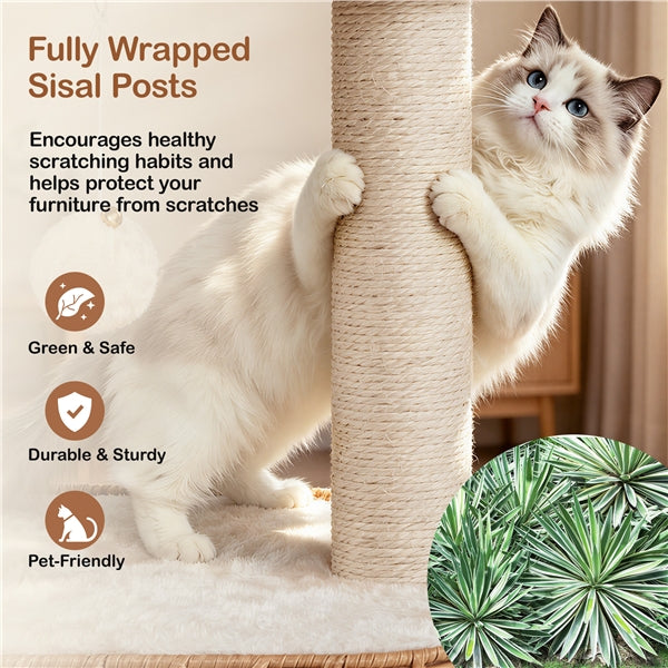 Yaheetech Rattan Cat Tree — Two-Tier Cat Tower with Woven Basket Perch, Condo & Dangling Ball Toy