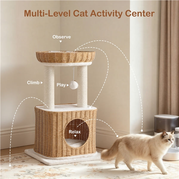 Yaheetech Rattan Cat Tree — Two-Tier Cat Tower with Woven Basket Perch, Condo & Dangling Ball Toy