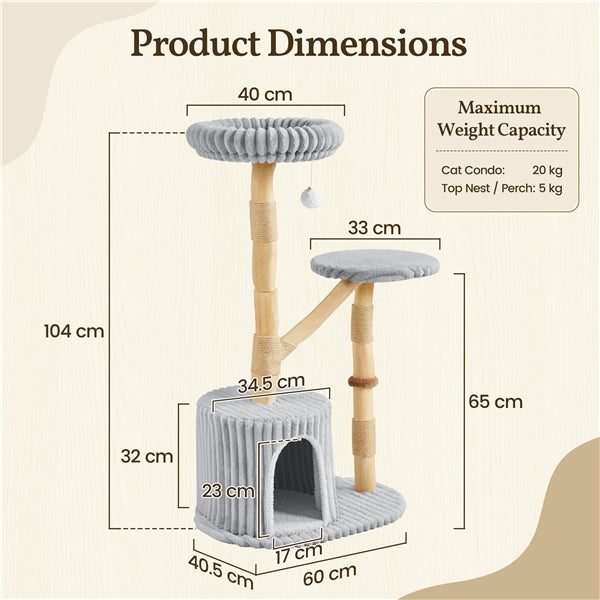 104 cm Cat Tree with Pear Wood Posts and Jute Scratching Surface