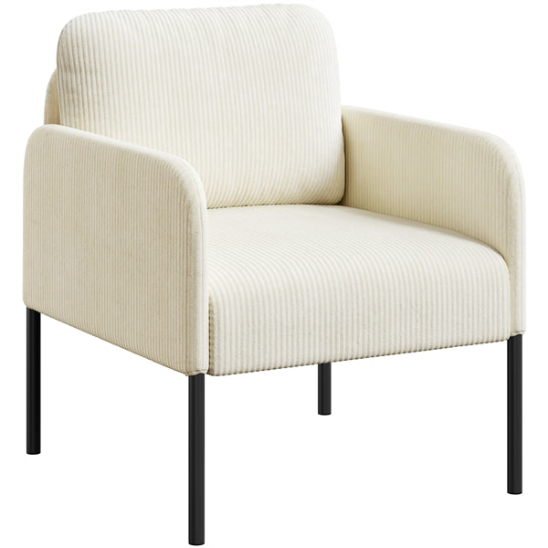 Beige Corduroy Armchair with Removable Back Pillow & Black Metal Legs