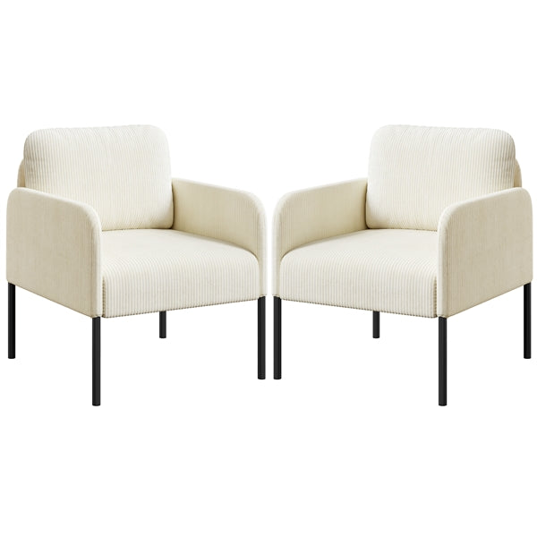 Beige Corduroy Armchair with Removable Back Pillow & Black Metal Legs