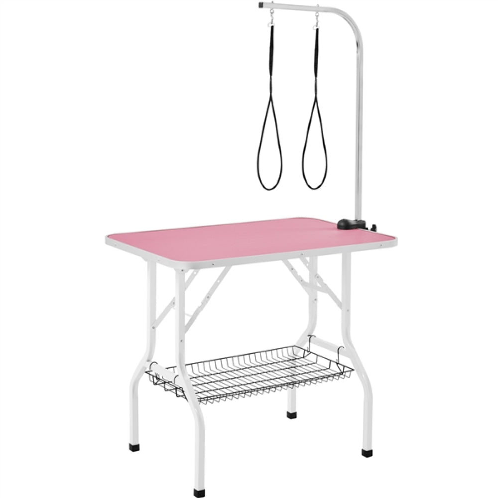 Dog Grooming Table with Basket Style Tool Shelf and Adjustable Arm Fold-up Pet Salon Table