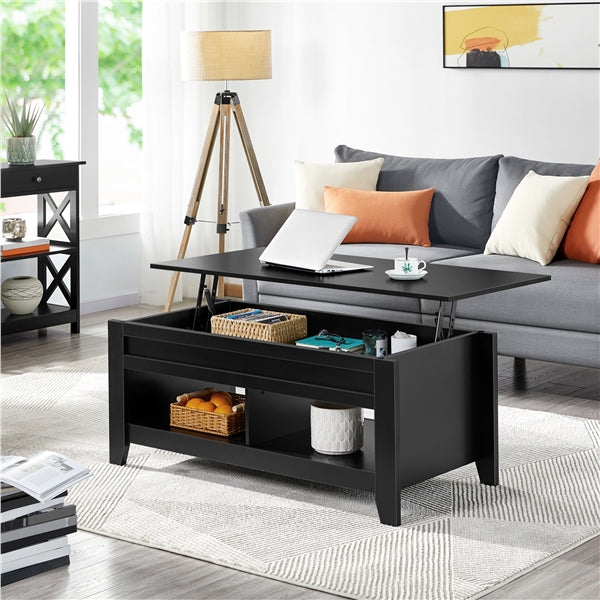 L 120cm Lift Top Coffee Table w/Hidden Compartment & 2 Open Shelves