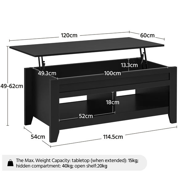 L 120cm Lift Top Coffee Table w/Hidden Compartment & 2 Open Shelves