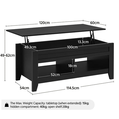 L 120cm Lift Top Coffee Table w/Hidden Compartment & 2 Open Shelves