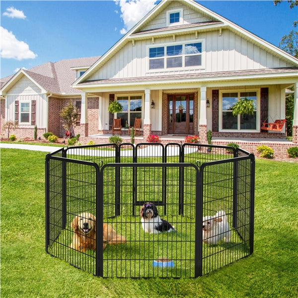 80×100cm Dog Playpen Panels, Black Iron Pet Fence w/Door, Heavy Duty Exercise Pen