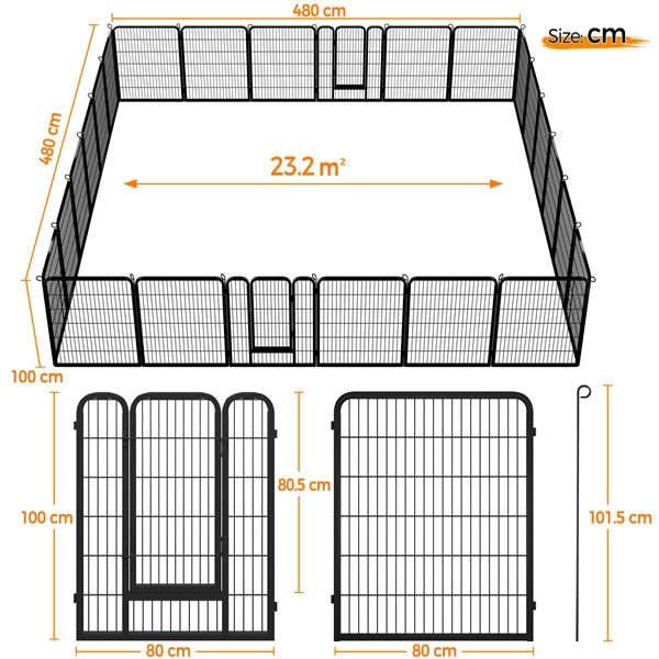 80×100cm Dog Playpen Panels, Black Iron Pet Fence w/Door, Heavy Duty Exercise Pen