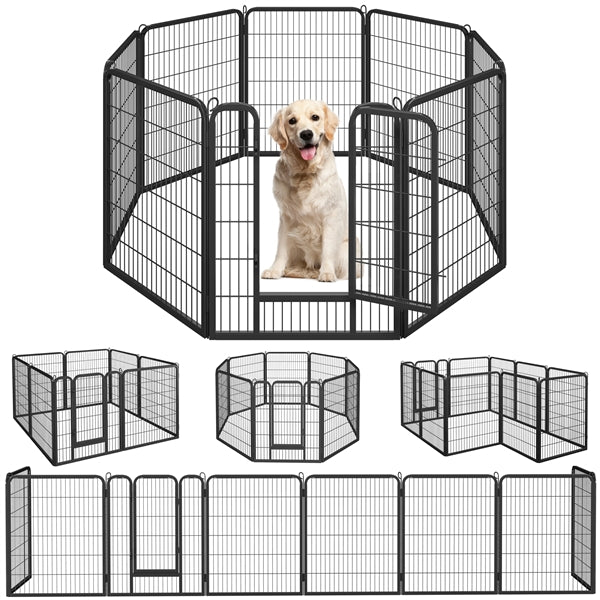 80×100cm Dog Playpen Panels, Black Iron Pet Fence w/Door, Heavy Duty Exercise Pen