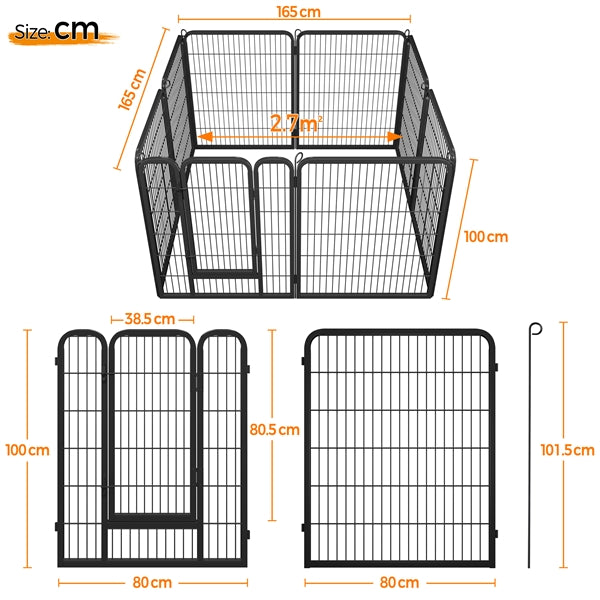 80×100cm Dog Playpen Panels, Black Iron Pet Fence w/Door, Heavy Duty Exercise Pen