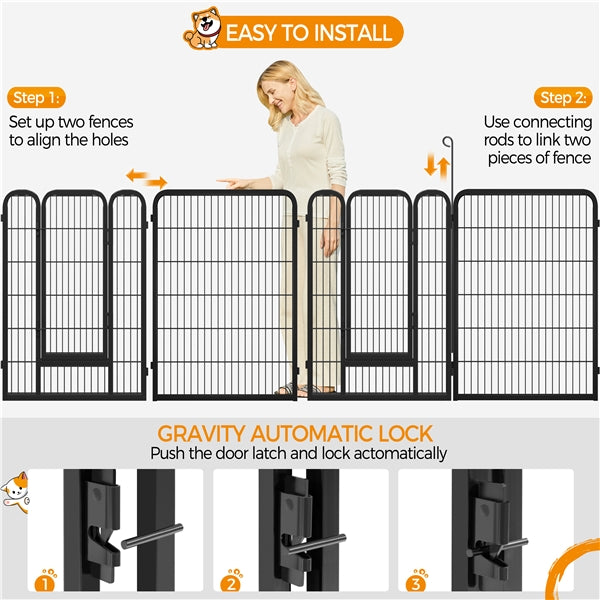 80×100cm Dog Playpen Panels, Black Iron Pet Fence w/Door, Heavy Duty Exercise Pen