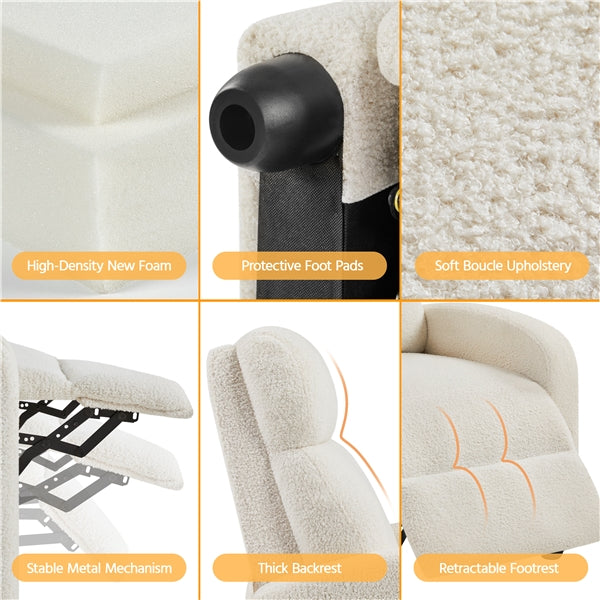 Boucle Recliner Chair – Cozy Ivory Fabric Armchair with Adjustable Footrest