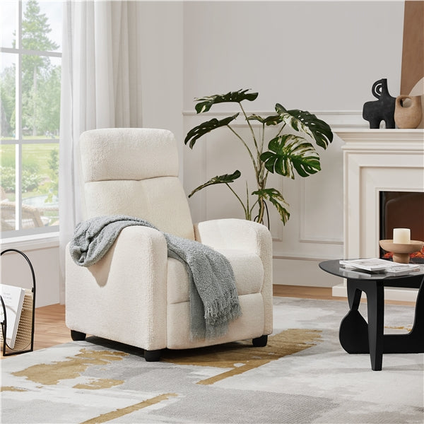 Boucle Recliner Chair – Cozy Ivory Fabric Armchair with Adjustable Footrest
