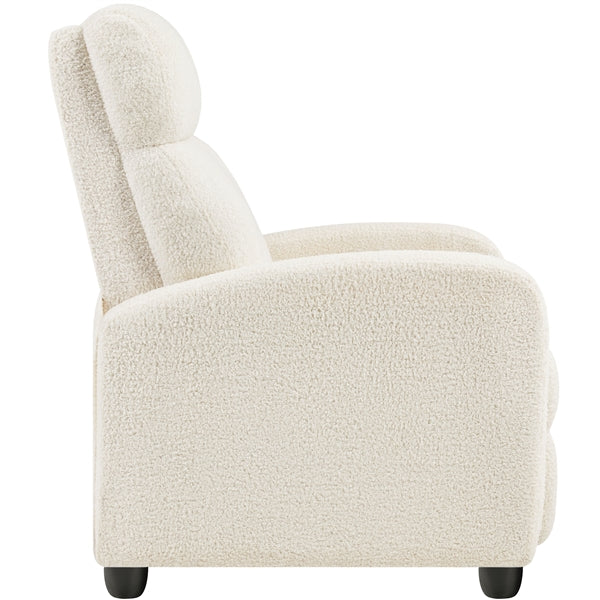 Boucle Recliner Chair – Cozy Ivory Fabric Armchair with Adjustable Footrest
