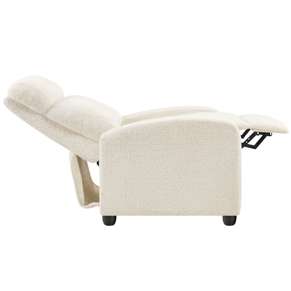 Boucle Recliner Chair – Cozy Ivory Fabric Armchair with Adjustable Footrest