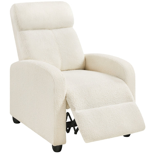 Boucle Recliner Chair – Cozy Ivory Fabric Armchair with Adjustable Footrest