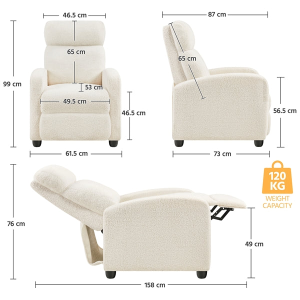 Boucle Recliner Chair – Cozy Ivory Fabric Armchair with Adjustable Footrest