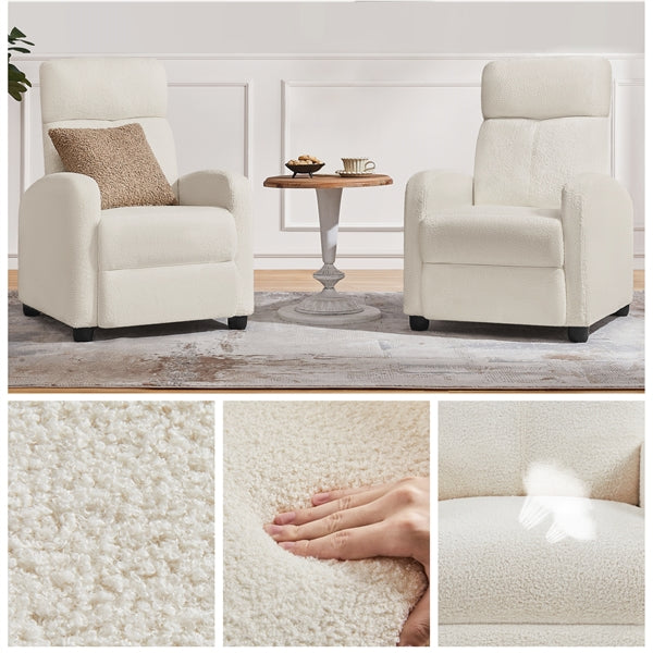 Boucle Recliner Chair – Cozy Ivory Fabric Armchair with Adjustable Footrest