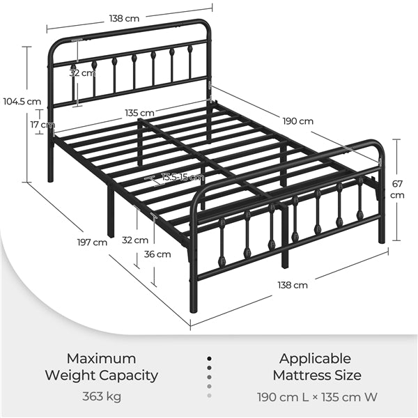Full Szie Vintage Iron Platform Bed with High Headboard and Footboard