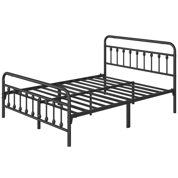 Queen Size Vintage Iron Platform Bed with High Headboard and Footboard