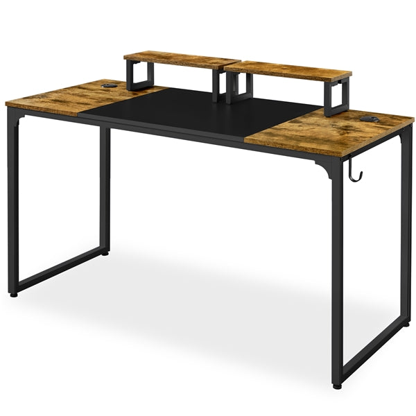 140cm Computer Desk with Monitor Stand – Rustic Brown & Black Metal Frame
