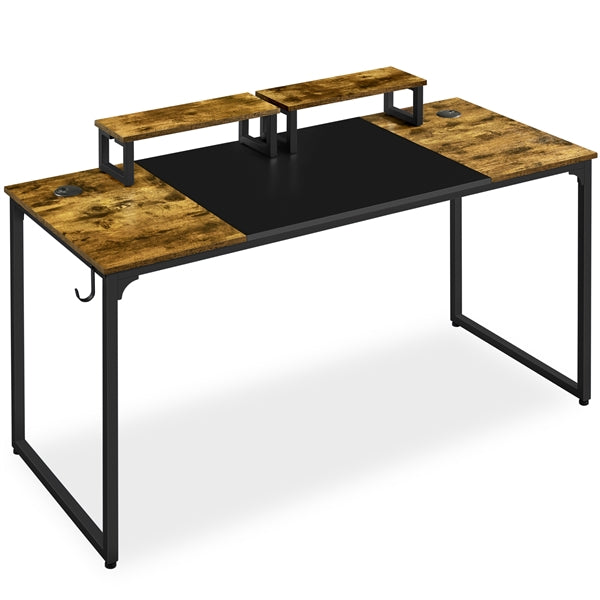 140cm Computer Desk with Monitor Stand – Rustic Brown & Black Metal Frame