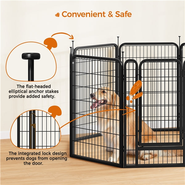 39.5"/100cm Dog Playpen Panels, Flat-Top Stakes Metal Fence w/Door Pet Pen Fence