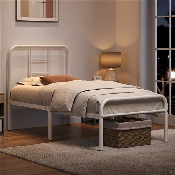 Single Metal Bed Frame with High Headboard Strong Iron Platform Bed