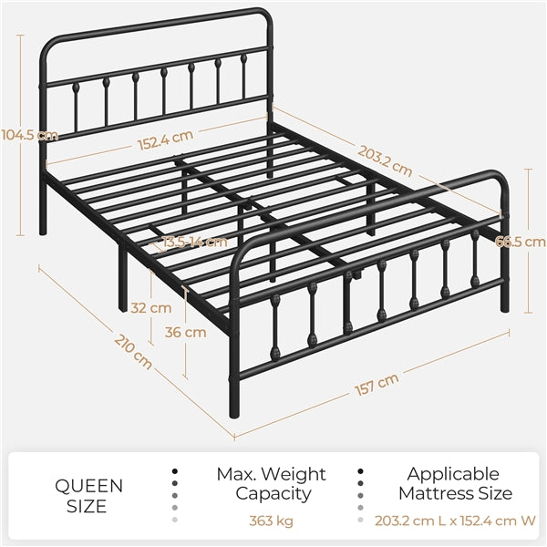 Classic Queen Size Iron Platform Bed with High Headboard and Footboard