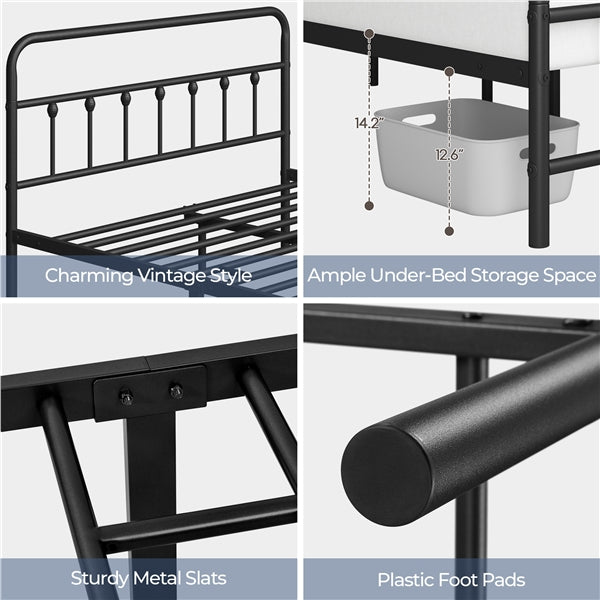 Classic Queen Size Iron Platform Bed with High Headboard and Footboard